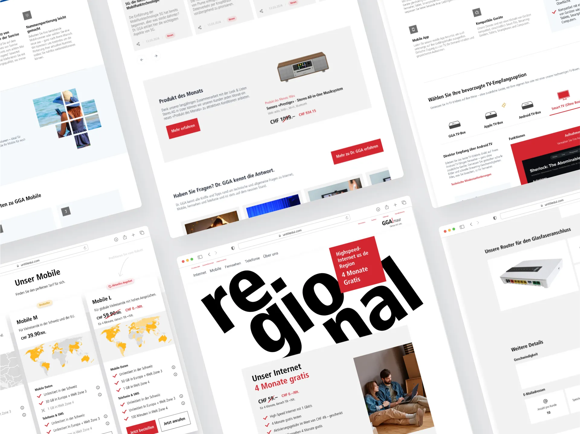 Übersicht meines GGA Maur Redesigns 2024 mit Homepage, Internet, Kampagne, Mobile, Telefonie und TV